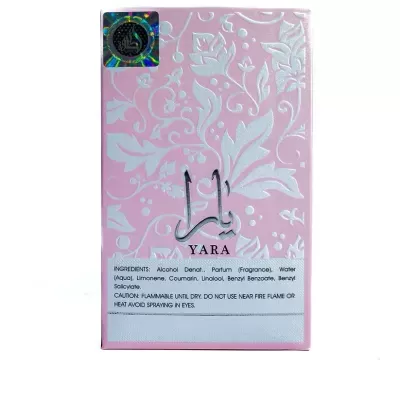 Embalagem rosa de perfume YARA com padrão floral branco e selo holográfico