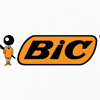 Logótipo da marca BIC com figura estilizada de homem segurando uma caneta