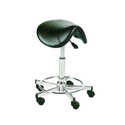 Cadeira de escritório tipo sela preta com base metálica e rodas