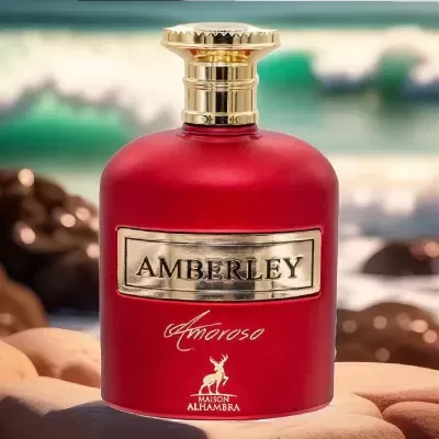 Frasco de perfume vermelho com detalhes dourados e texto AMBERLEY