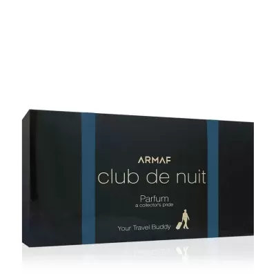 Caixa preta de perfume Armaf Club de Nuit com texto dourado e azul