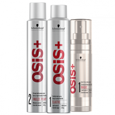 Três produtos Schwarzkopf OSIS+ para cabelo, dois sprays grandes prateados e um pequeno bege, com texto em vermelho e preto.