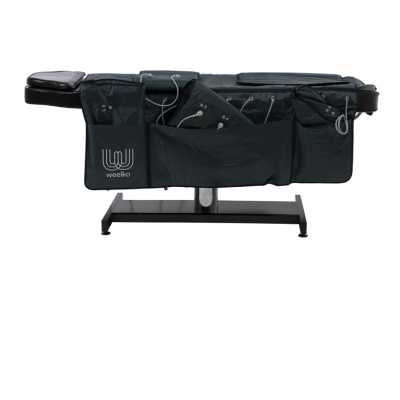 Cama de massagem preta com múltiplos bolsos e logotipo WEELKO
