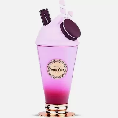 Frasco de perfume ARMAF Yum Yum rosa e roxo decorado com creme e doces