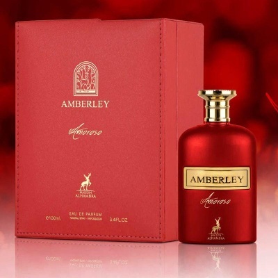 Perfume AMBERLEY Amoroso em frasco vermelho com embalagem correspondente