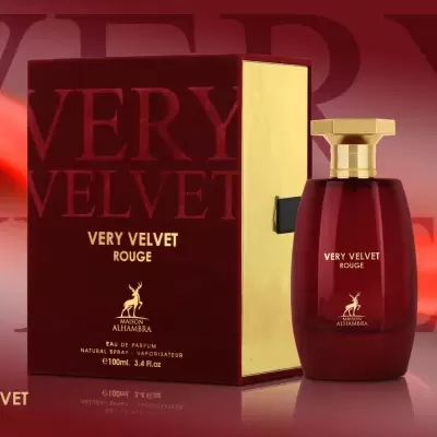 Perfume VERY VELVET ROUGE MAISON ALHAMBRA em frasco vermelho e embalagem castanho-dourada