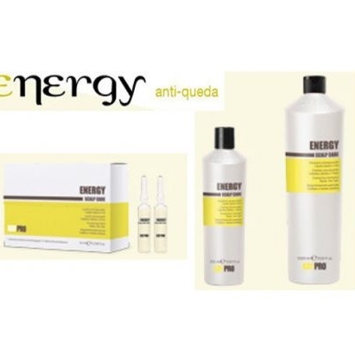 Produtos ENERGY anti-queda PRO com embalagem branca e amarela e garrafas prateadas