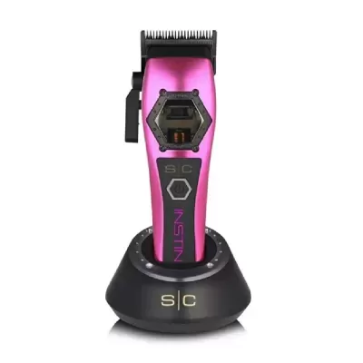 Máquina de cortar cabelo rosa metálica com suporte preto