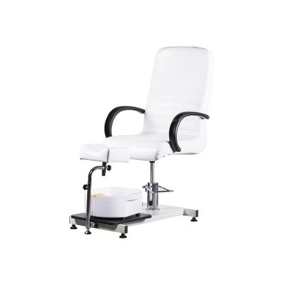 Cadeira de pedicure branca com base metálica e bacia de água