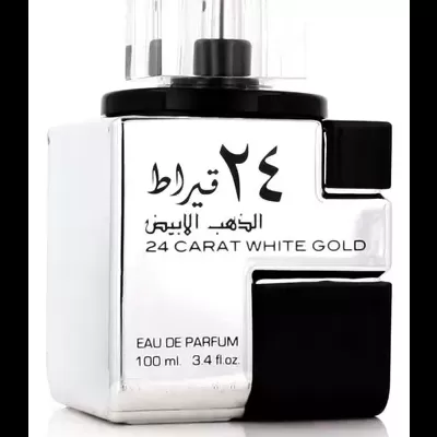 Frasco de perfume 24 CARAT WHITE GOLD em vidro prateado e preto