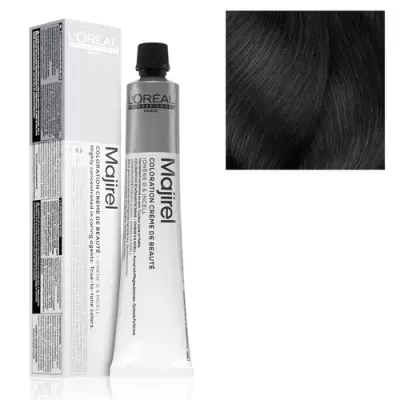 Tinta capilar Majirel da LOréal profissional e amostra de cabelo preto