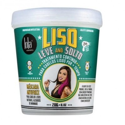 Pote de máscara para cabelo Liso Leve and Solto da Lola Cosmetics com rótulo verde e amarelo