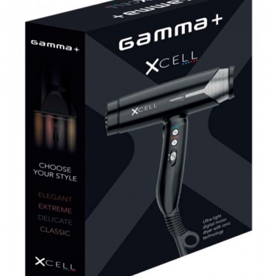 Embalagem preta de secador de cabelo Gamma+ XCELL com texto e imagem do produto