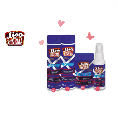 Produtos para cabelo Lisa de Cinema Novex com embalagens azuis e roxas