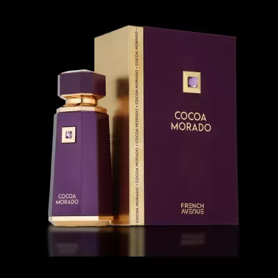 Frasco e caixa roxos de perfume COCOA MORADO com detalhes dourados