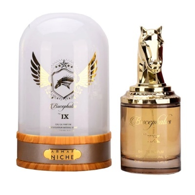 Frasco de perfume com tampa em forma de cabeça de cavalo e estojo transparente com base de madeira