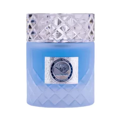 Frasco de perfume azul fosco com tampa transparente texturizada