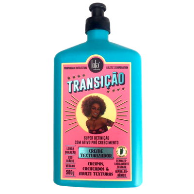 Frasco azul com rotulo rosa e texto TRANSIÇÃO creme texturizador Lola Cosmetics