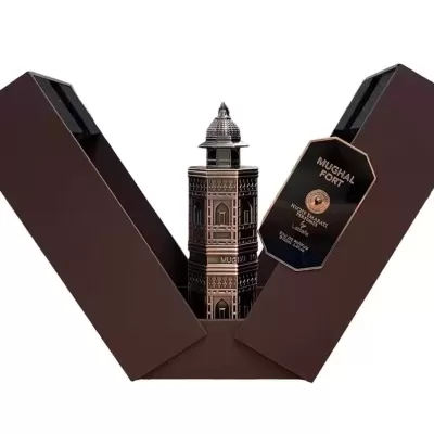 Frasco decorativo de perfume Mughal Fort com caixa castanha aberta