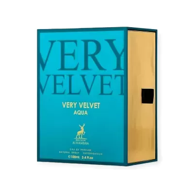 Caixa azul de perfume Very Velvet Aqua com texto dourado