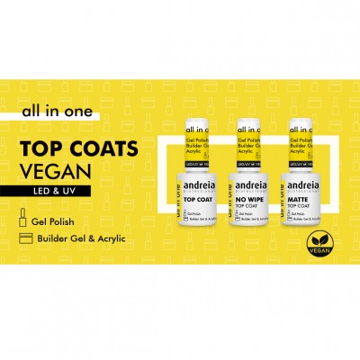 Três frascos de top coat Andreia Professional em fundo amarelo com texto promocional