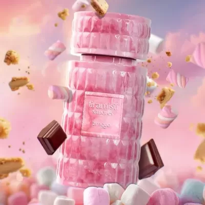 Frasco rosa com marshmallows e etiqueta tiramisu smores zimaya, rodeado por chocolate e bolachas.
