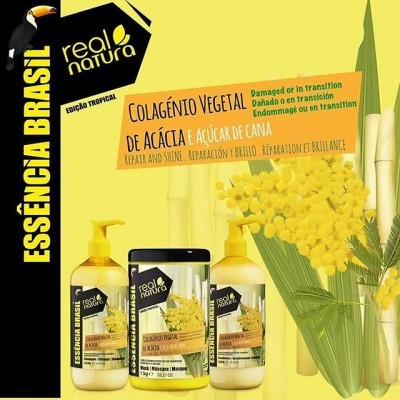 Produtos cosméticos real natura com colagénio vegetal de acácia e açúcar de cana em fundo amarelo com flores