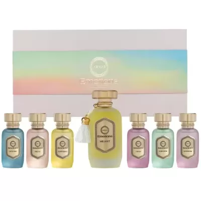 Conjunto de frascos de perfume coloridos Emotions com frascos e caixa em tons pastel.