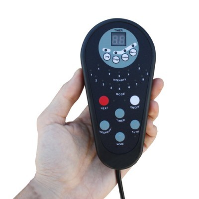 Controle remoto preto para dispositivo, com botões e visor digital