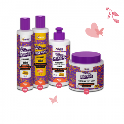 Produtos capilares Novex Meu Cacho Minhas Regras para cabelos encaracolados com embalagens roxas, amarelas e brancas.