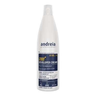 Frasco branco de Andreia professional Developer Cream com texto azul e amarelo