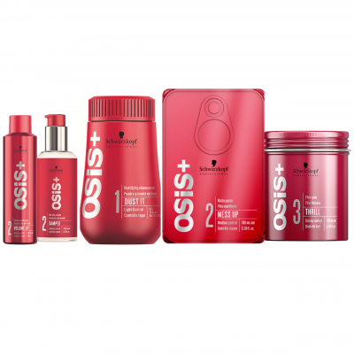 Produtos de cuidados capilares Schwarzkopf OSIS+ em embalagem vermelha sobre fundo branco
