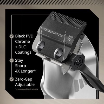 Cabeça de máquina de aparar cabelo preto e prata com texto STANDARD 2.0 WAHL