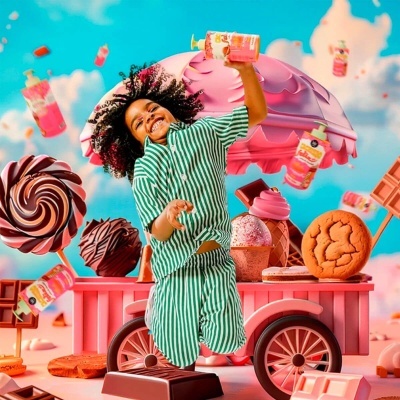 Criança feliz segurando bebida rosa num cenário colorido com doces grandes e carrinho cor-de-rosa