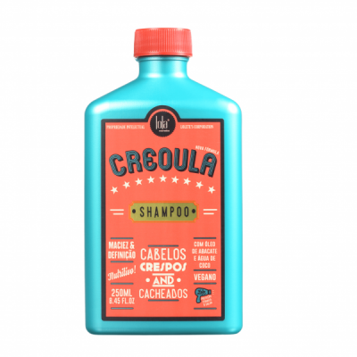 Frasco de shampoo Creoula azul turquesa com tampa vermelha e rótulo laranja