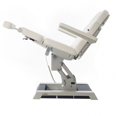 Cadeira elétrica de exame médica branca ajustável com apoio para pernas e braços