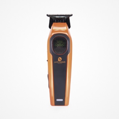 Máquina de cortar cabelo elétrica laranja e preta com visor digital e lâmina metálica