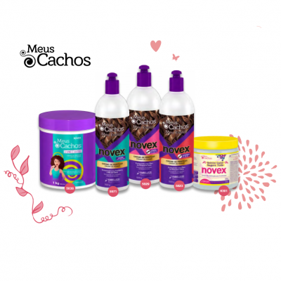 Produtos capilares Meus Cachos com embalagens coloridas e rótulos Novex