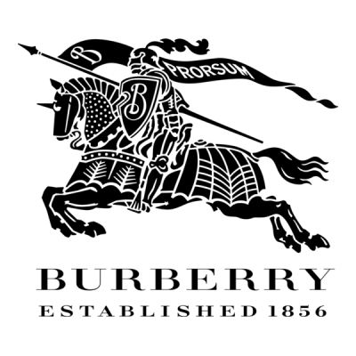 Logotipo Burberry com cavaleiro e cavalo em preto e branco e texto BURBERRY ESTABLISHED 1856