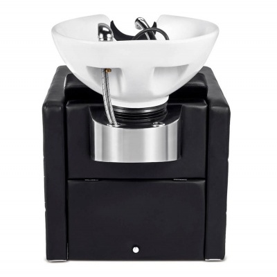 Lavatório para cabeleireiro com cuba branca e base preta estofada