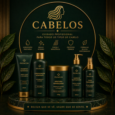 Conjunto de produtos para cabelo PREMIUM em frascos verdes e dourados sobre base marmorizada, com texto e fundo decorado com folhas