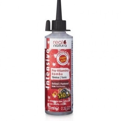 Frasco plástico com produto capilar vermelho e branco e tampa preta