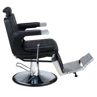 Cadeira de barbeiro reclinável preta com base metálica redonda e apoio para pés cinza