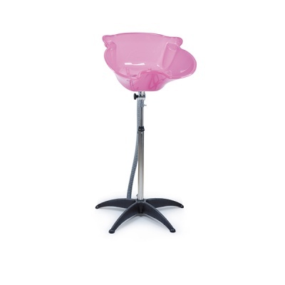 Cuba de lavar cabelo rosa com base preta e estrutura metálica