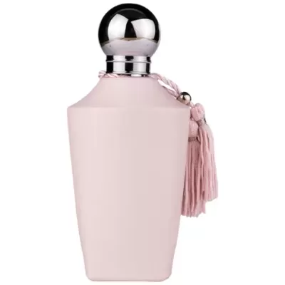 Frasco de perfume rosa com tampa prateada e tassel rosa