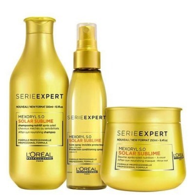 Kit de produtos de cabelo L'Oréal serie expert Solar Sublime em embalagens amarelo dourado