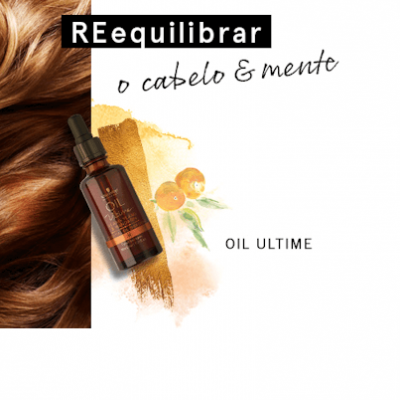 Frasco de óleo capilar em vidro castanho com cabelo castanho claro ao lado