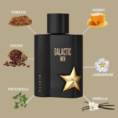 Frasco preto de perfume Galactic Men Elixir com estrela dourada e ingredientes ao redor