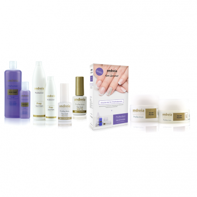 Produtos Andreia para unhas em frascos e tubos brancos, roxos e dourados com embalagens e texto visível