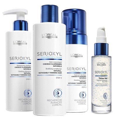 Produtos capilares L'Oréal Paris SERIOXYL GlucoBoost com embalagem branca e azul